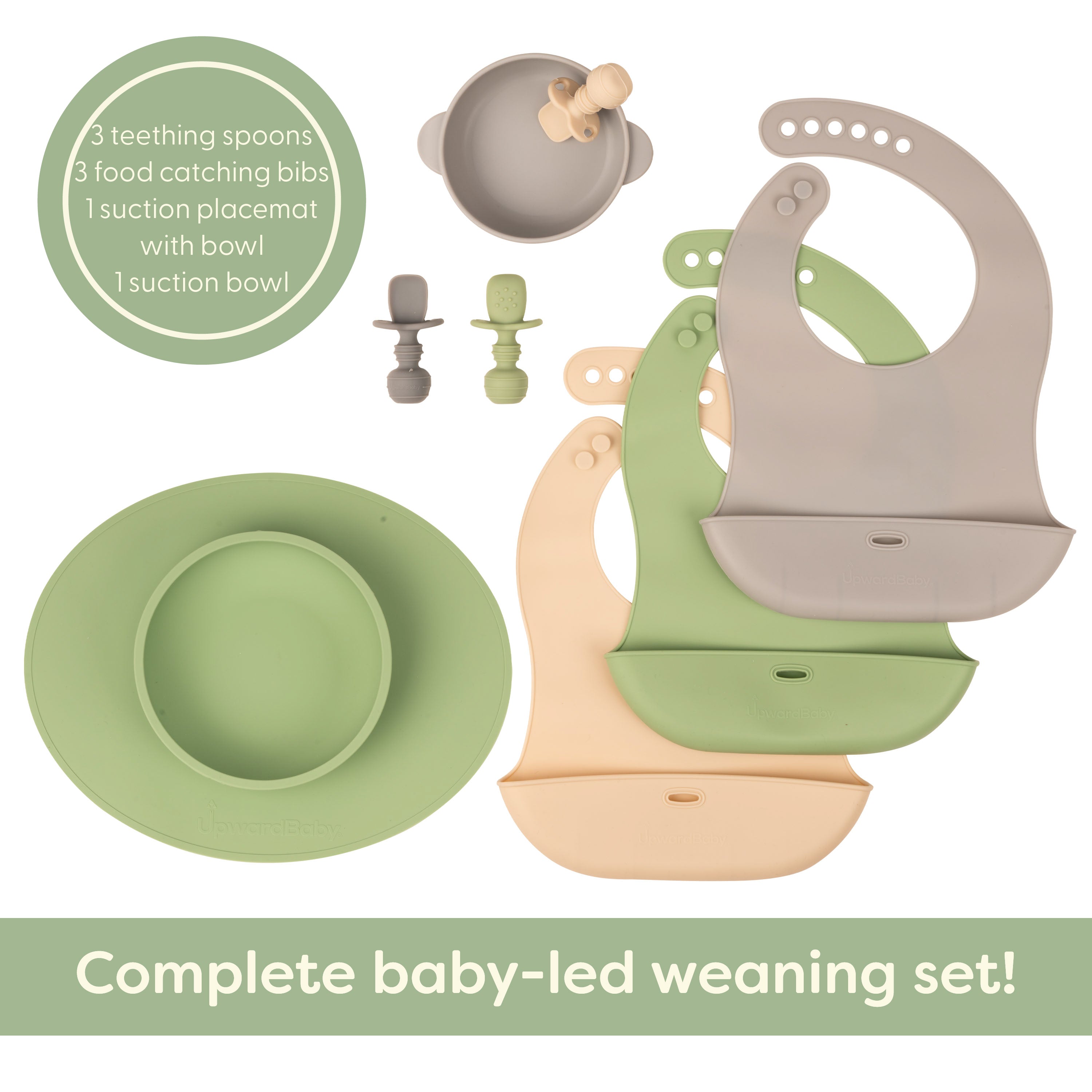 Baby Led Weaning Set With Bibs, Spoons, A Suction Bowl and Cup