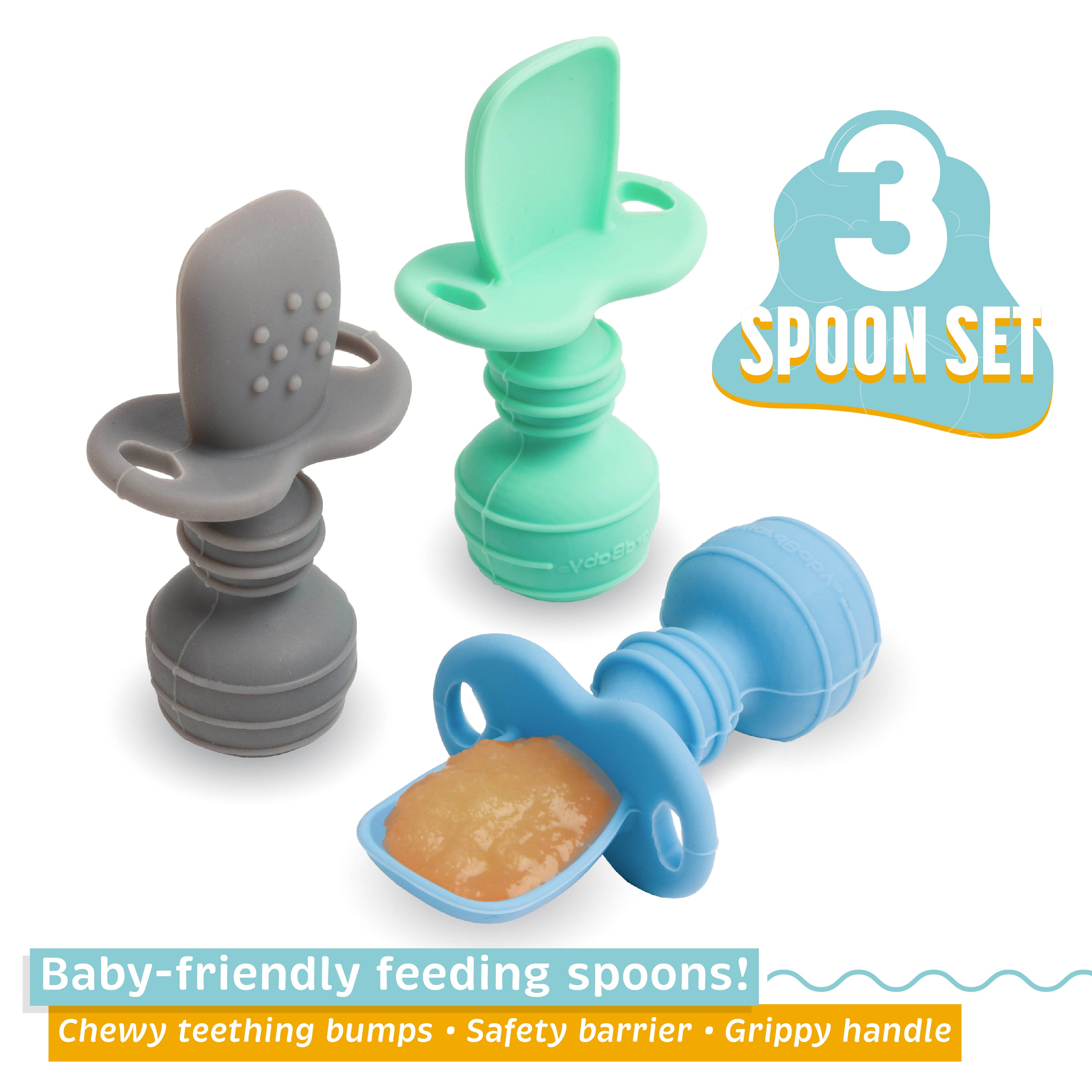 Upward Baby 3 pack Silicone Baby Feeding Spoon with Anti Choke Barrier -  Baby Spoons Self Feeding 6 Months - First Stage Infant Supplies and Toddler